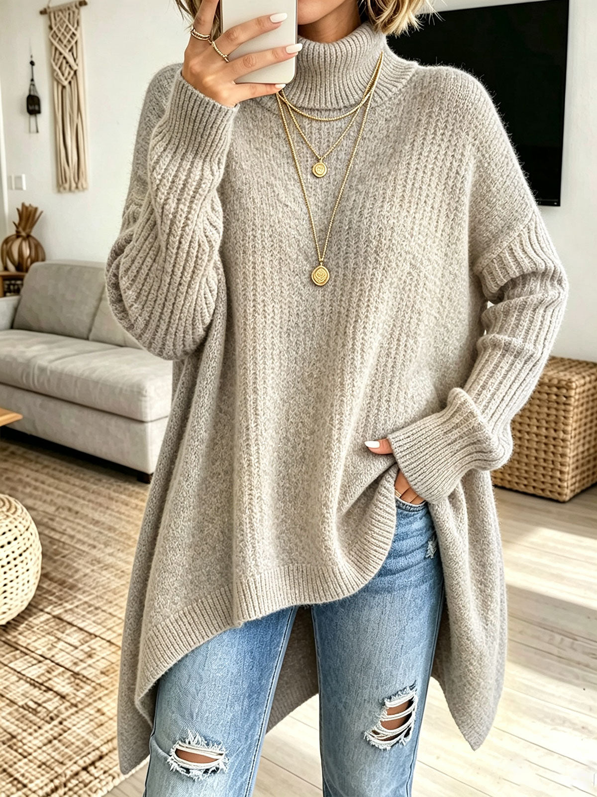 Women Oversized Turtleneck Asymmetric Hem Loose Knit Sweater - Khaki / S