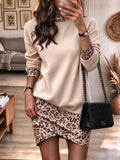 Women's Long Sleeve Turtleneck Leopard Print Patchwork Mini Dress