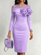 Solid-color, Slim-fit Dress With A Round Neck And 3d Floral Embellishment On The Side
