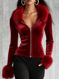 Glamorous Red Velvet Zip-up Jacket With Faux Fur Trim