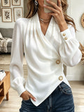 Women's White Draped Asymmetric Button Down Chiffon Blouse with Pearl Accents