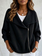 Women's Large Collar Asymmetric Zip Long Sleeve Ribbed Knit Sweater Jacket