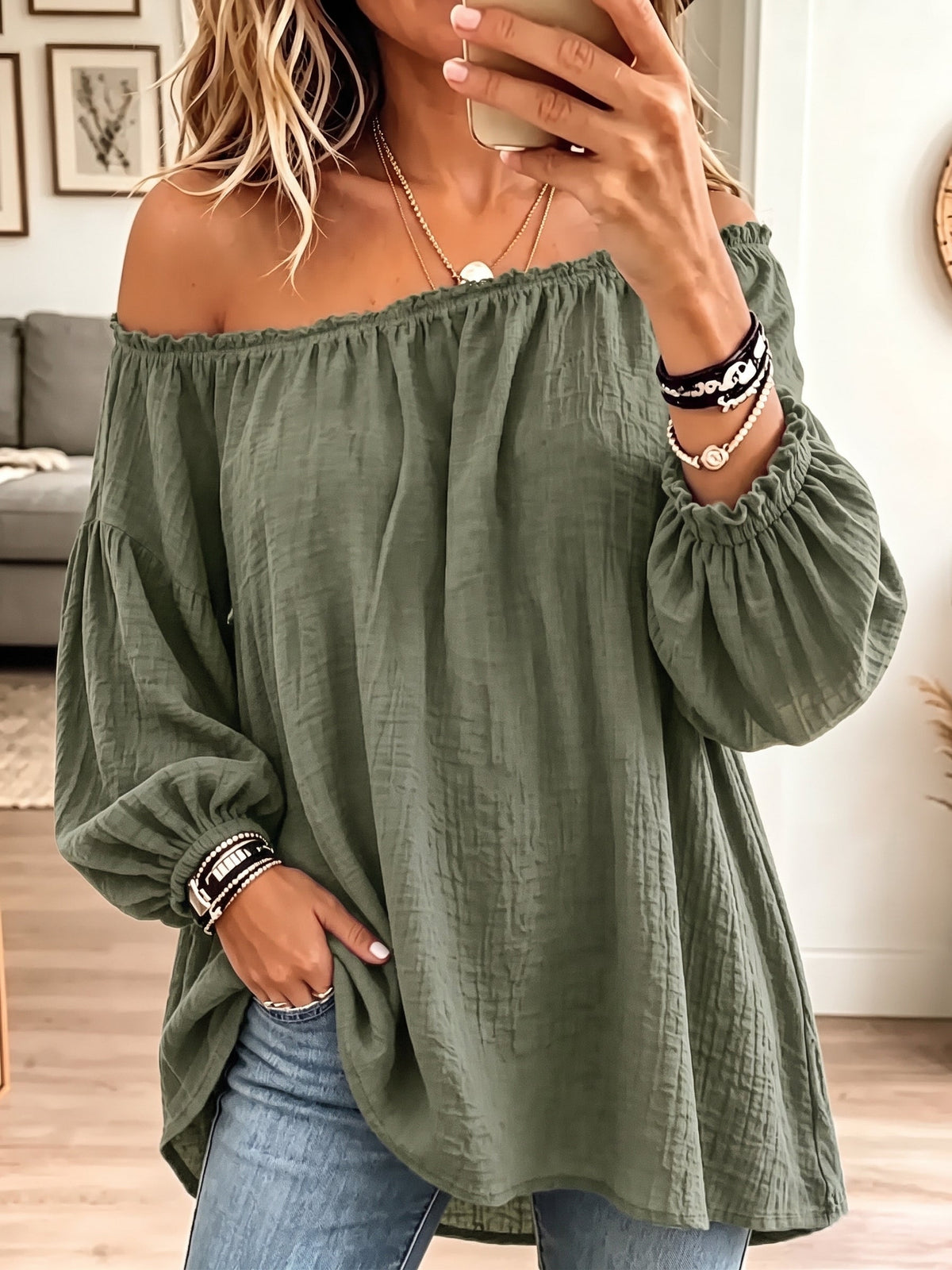 Vintage Elegant Off-the-shoulder Elasticated Pleated Cotton And Linen Solid Color Shirt - Green / S