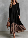 Women's Long Sleeve Black Maxi Dress With Leopard Print Ruffle Hem
