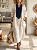 Women's Off-White Ribbed Knit Long Cardigan Dress with Contrast Denim Collar