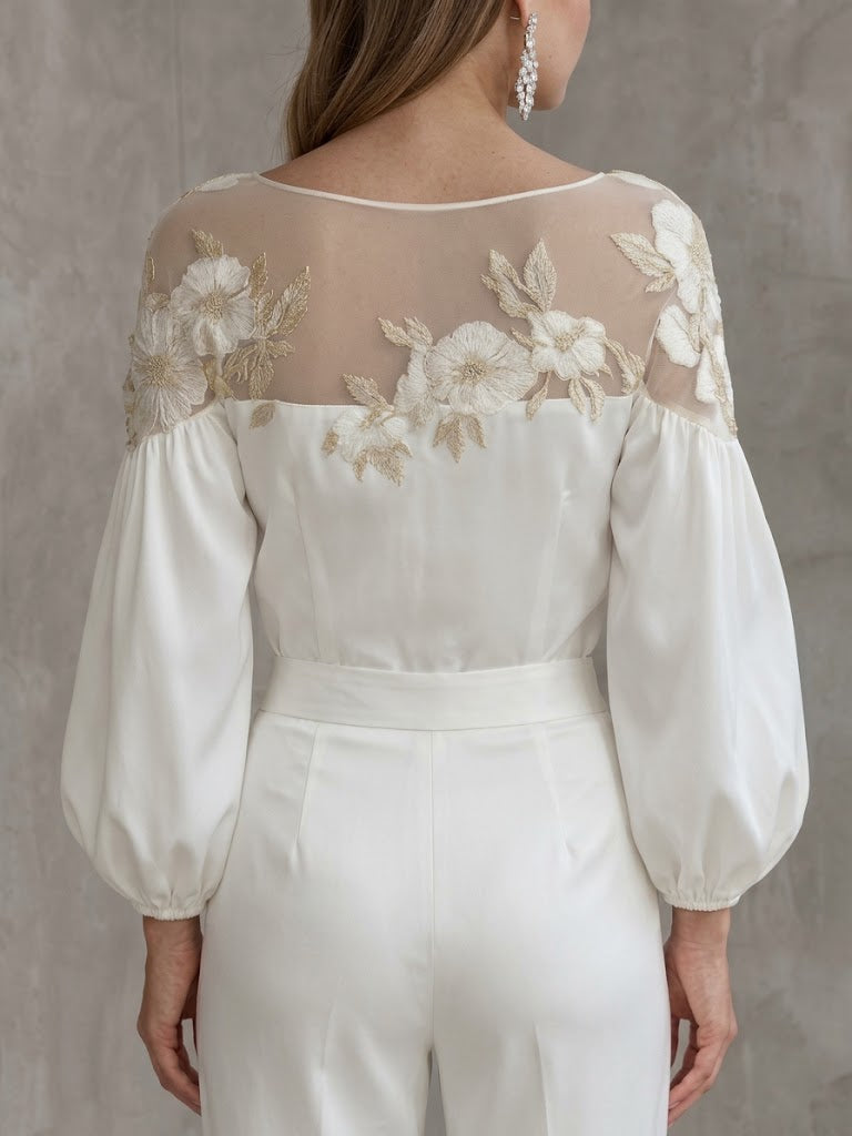 Satin Off-shoulder Lantern-sleeve Top