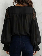 Pleated Shirt With Lace Inserts And Puff Sleeves