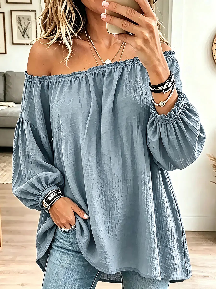Vintage Elegant Off-the-shoulder Elasticated Pleated Cotton And Linen Solid Color Shirt - Blue / S