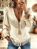 Women Western Faux Suede Fringe V Neck Tie Ruffle Long Sleeve Top