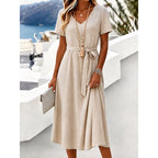 Women's Midi Dress Casual Dress Summer Dress Elegant Vacation Fashion Daily Outdoor Beach Plain Short Sleeve V Neck White Pink Green Apricot Summer Spring
