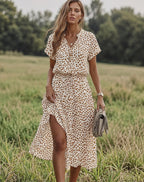 Women’s Spotted Print Ruffle V‑Neck Drawstring Waist Midi Dress