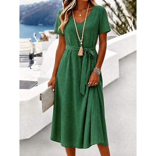 Women's Midi Dress Casual Dress Summer Dress Elegant Vacation Fashion Daily Outdoor Beach Plain Short Sleeve V Neck White Pink Green Apricot Summer Spring
