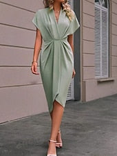 Women's Casual Dress Midi Dress Ruched Date Vacation Streetwear Basic V Neck Short Sleeve Black Pink Dark Green Color