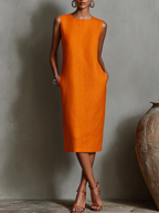 Women's Orange Linen Shift Dress With Sleeveless Round Neck & Side Pockets, Timeless Minimalist-Elegant Style Dress