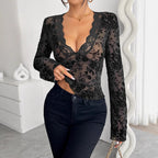 Spring 2026 new women's V-neck lace mesh horn sleeve T-shirt top women