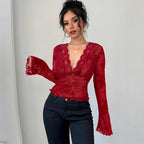 Spring 2026 new women's V-neck lace mesh horn sleeve T-shirt top women