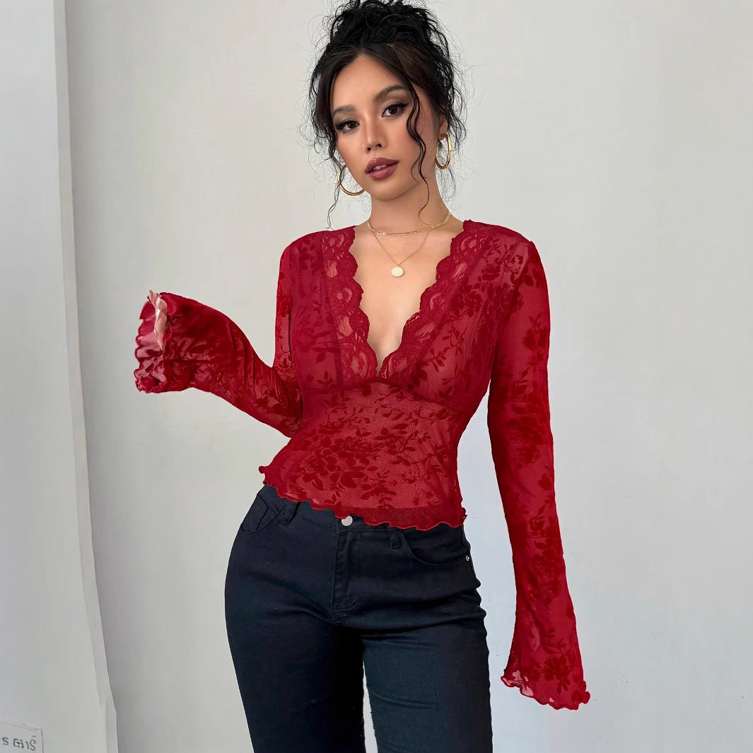 Spring 2026 new women's V-neck lace mesh horn sleeve T-shirt top women