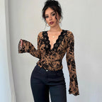 Spring 2026 new women's V-neck lace mesh horn sleeve T-shirt top women