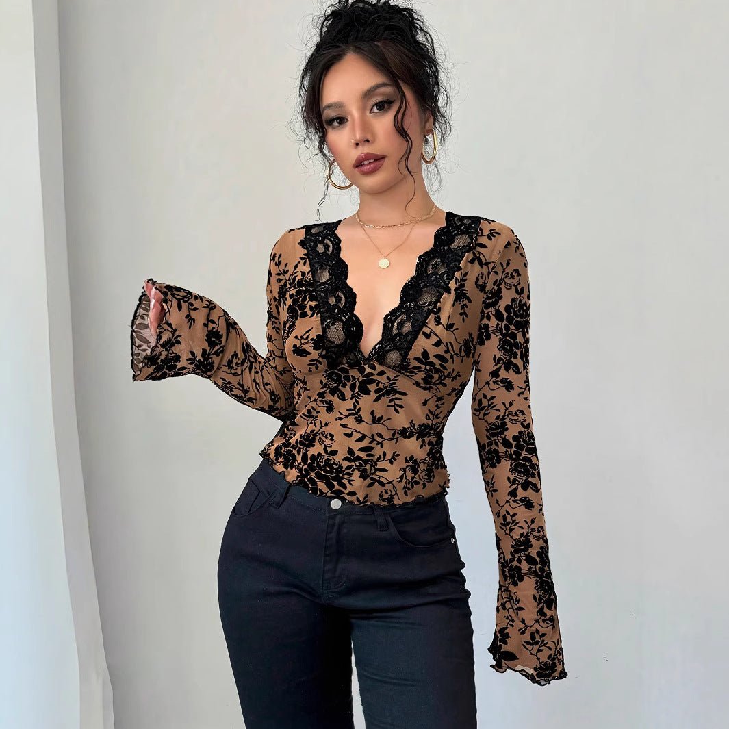 Spring 2026 new women's V-neck lace mesh horn sleeve T-shirt top women