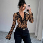 Spring 2026 new women's V-neck lace mesh horn sleeve T-shirt top women