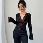 Spring 2026 new women's V-neck lace mesh horn sleeve T-shirt top women