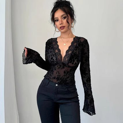 Spring 2026 new women's V-neck lace mesh horn sleeve T-shirt top women