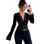 Spring 2026 new women's V-neck lace mesh horn sleeve T-shirt top women