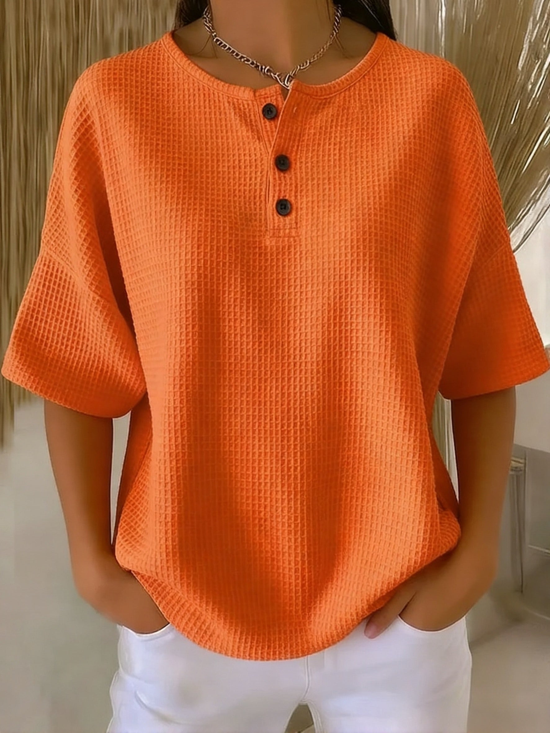 Casual Waffle Henry Collar Sweatshirt