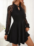 Elegant Floral Lace Sheer Patchwork Long Sleeves A-Line Mini Dress