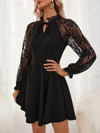 Elegant Floral Lace Sheer Patchwork Long Sleeves A-Line Mini Dress