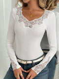 Lace Patchwork Rhinestone Decor Long Sleeves Top
