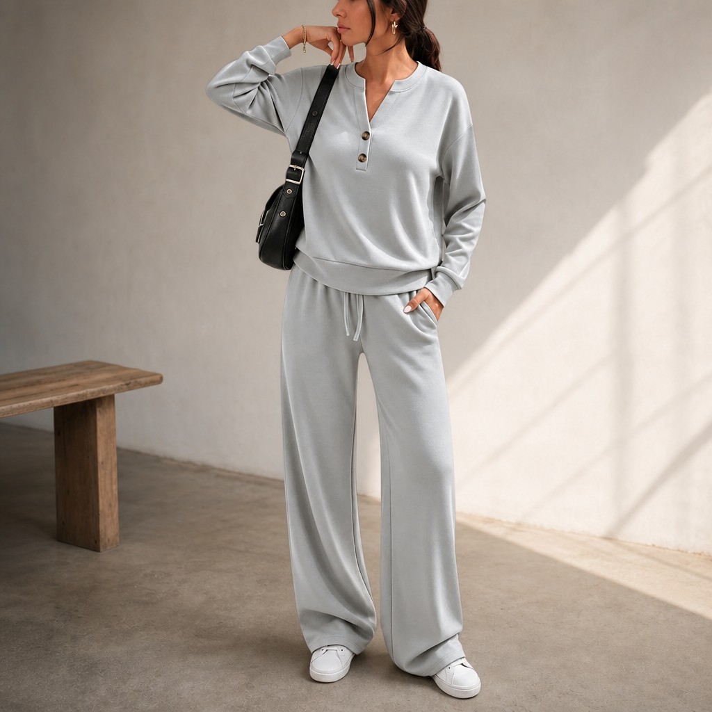 Women Henley Wide-Leg Two-Piece Lounge Set