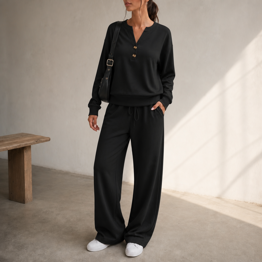Women Henley Wide-Leg Two-Piece Lounge Set