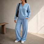 Women Henley Wide-Leg Two-Piece Lounge Set