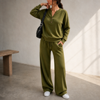 Women Henley Wide-Leg Two-Piece Lounge Set
