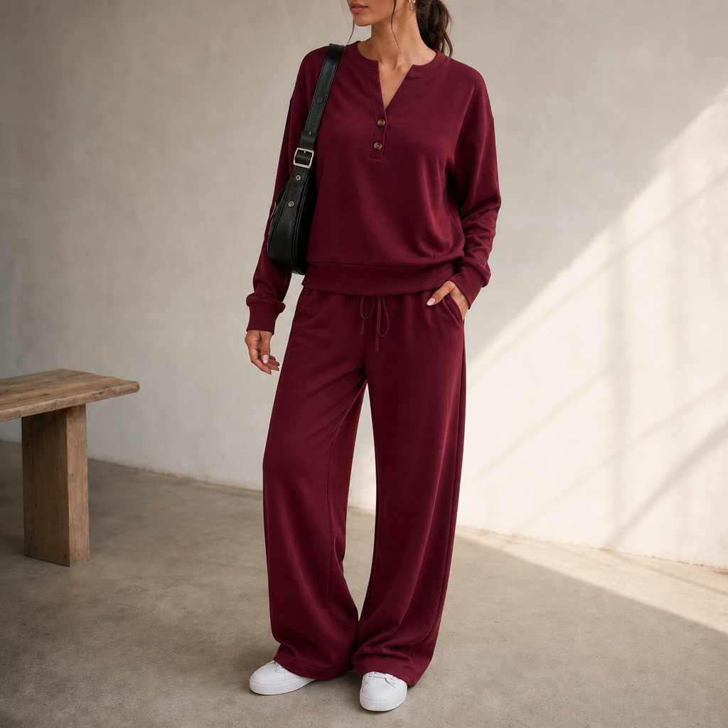Women Henley Wide-Leg Two-Piece Lounge Set