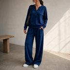 Women Henley Wide-Leg Two-Piece Lounge Set