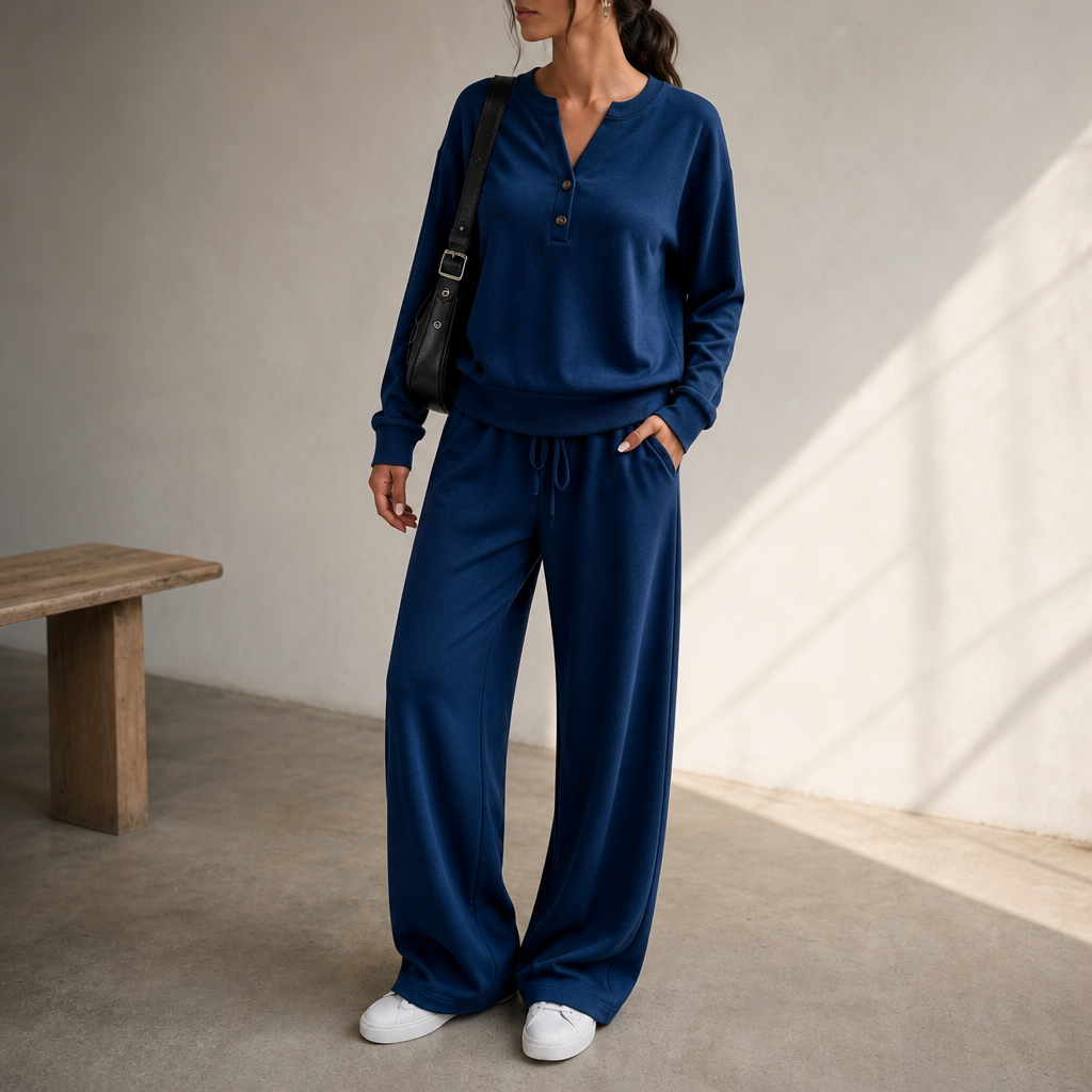 Women Henley Wide-Leg Two-Piece Lounge Set