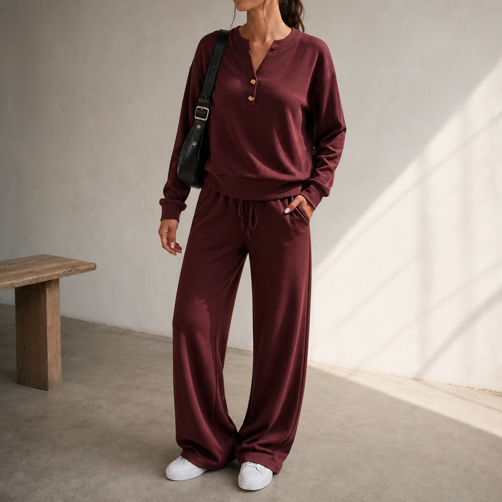 Women Henley Wide-Leg Two-Piece Lounge Set
