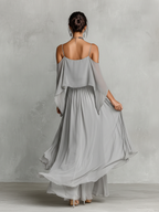 Women's Grey Breathable Chiffon Maxi Dress With Cold-Shoulder Detail & Flared Silhouette