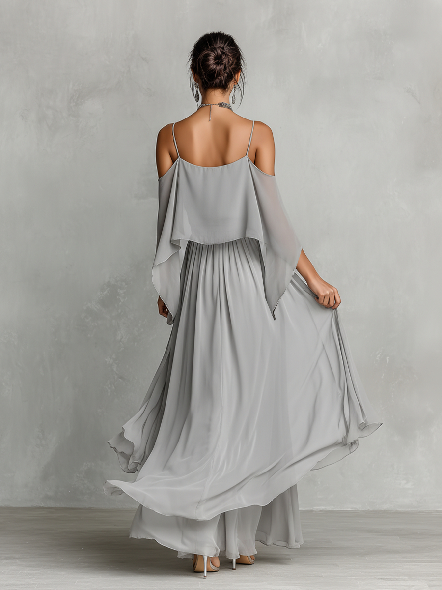 Women's Grey Breathable Chiffon Maxi Dress With Cold-Shoulder Detail & Flared Silhouette