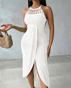 Halter Tie Criss Cross Front Knit Jacquard Textured Slit Dress Casual Hollow-out Draped Vacation Dress