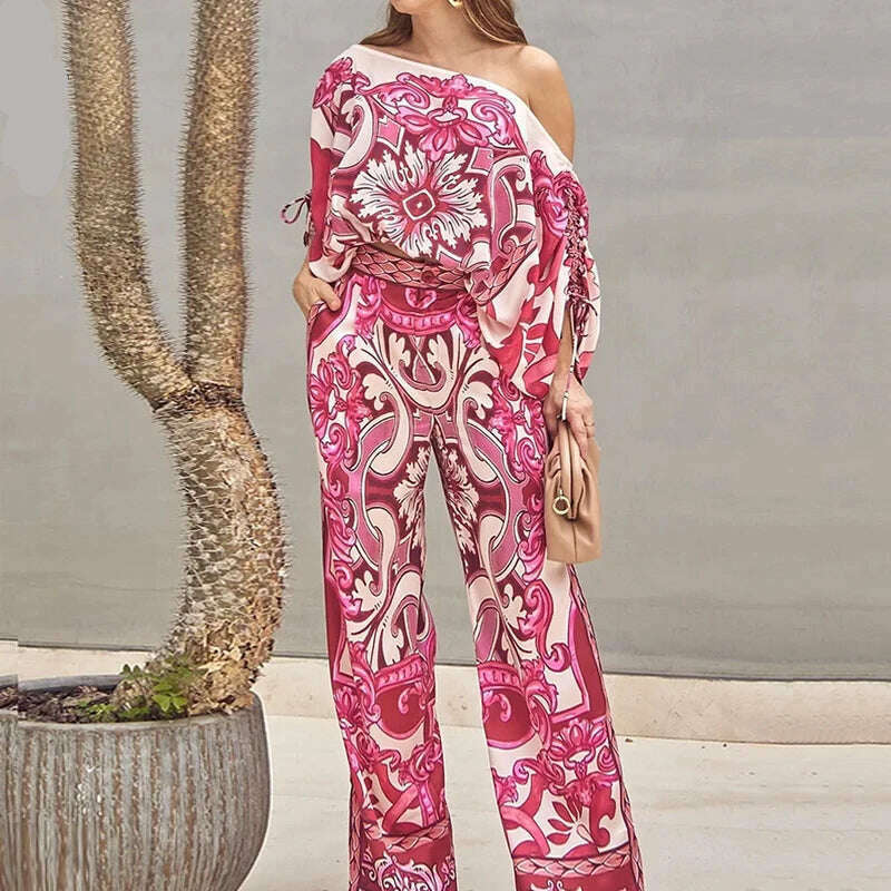 Women Two Piece Set Casual Fashion Printed One Shoulder Drawstring Shirring Ioose Top With Pocket Wide Leg Pants Set