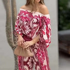 Women Two Piece Set Casual Fashion Printed One Shoulder Drawstring Shirring Ioose Top With Pocket Wide Leg Pants Set
