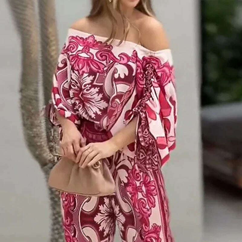 Women Two Piece Set Casual Fashion Printed One Shoulder Drawstring Shirring Ioose Top With Pocket Wide Leg Pants Set