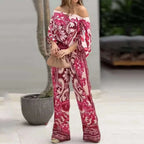 Women Two Piece Set Casual Fashion Printed One Shoulder Drawstring Shirring Ioose Top With Pocket Wide Leg Pants Set