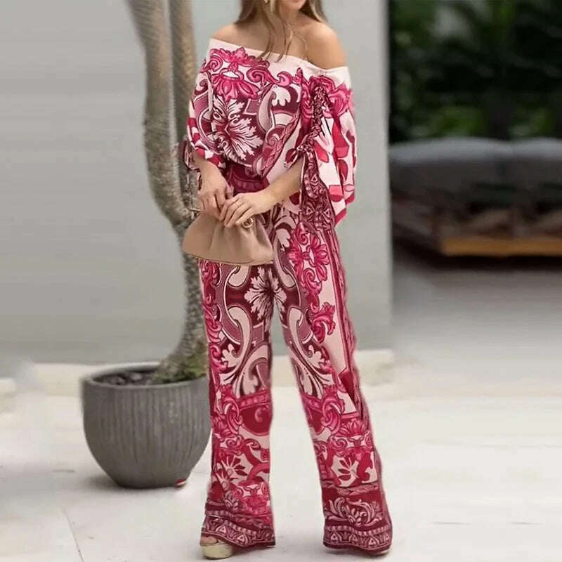 Women Two Piece Set Casual Fashion Printed One Shoulder Drawstring Shirring Ioose Top With Pocket Wide Leg Pants Set