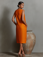 Women's Orange Linen Shift Dress With Sleeveless Round Neck & Side Pockets, Timeless Minimalist-Elegant Style Dress