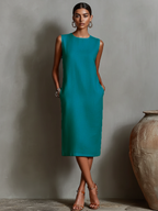 Women's Orange Linen Shift Dress With Sleeveless Round Neck & Side Pockets, Timeless Minimalist-Elegant Style Dress