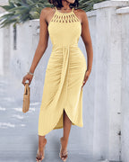 Halter Tie Criss Cross Front Knit Jacquard Textured Slit Dress Casual Hollow-out Draped Vacation Dress